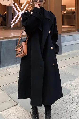 Vista 3 de chouyatou Abrigo de guisante de lana largo midi de doble botonadura para mujer con solapa de muesca, gabardina de invierno Negro