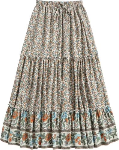 Vista 32 de Milumia Women Boho Vintage Floral Print Long Skirt Summer Tiered Maxi Skirt