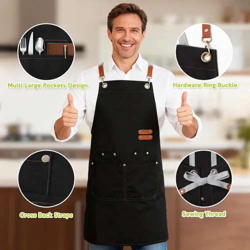 Vista 3 de GNDKDY Delantal de chef con bolsillos, delantal de trabajo negro para hombres y mujeres, delantales de cocinajardineríapeluquería para cocinar