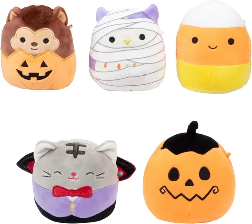 Vista 2 de Squishmallows Jazwares - Paquete de 5 piezas originales de 5 pulgadas, mini peluche oficial de Jazwares, calabaza, vampiro, momia y más, juguete