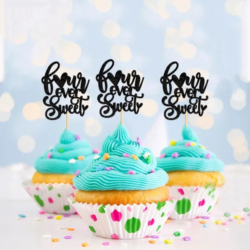 Vista 3 de Ercadio Paquete de 24 adornos para cupcakes y selecciones para baby shower y fiestas infantiles, decoraciones negras con purpurina