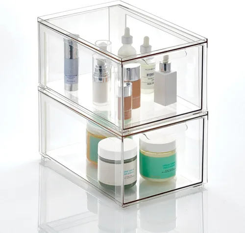 Vista 13 de mDesign - Contenedores organizadores de almacenamiento apilables de plástico para baño con cajón frontal extraíble para encimera de baño, tocador
