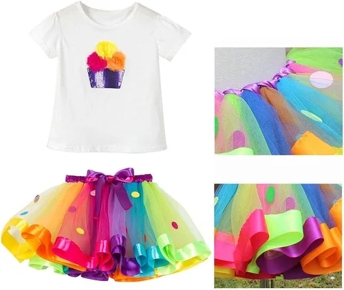 Vista 5 de JOINSI Falda de ballet tutú arcoíris para niñas con camisa, collar y pulsera