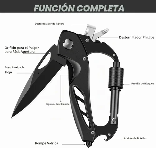 Vista 3 de Herramienta múltiple con mosquetón con cuchillo de bolsillo, equipo de supervivencia para camping y senderismo, llavero con mosquetones EDC