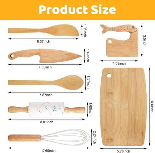 Vista 5 de Juego de 7 cuchillos de madera para niños pequeños, tabla de cortar y cuchillos para cocina real, herramientas de cocina Montessori para niños