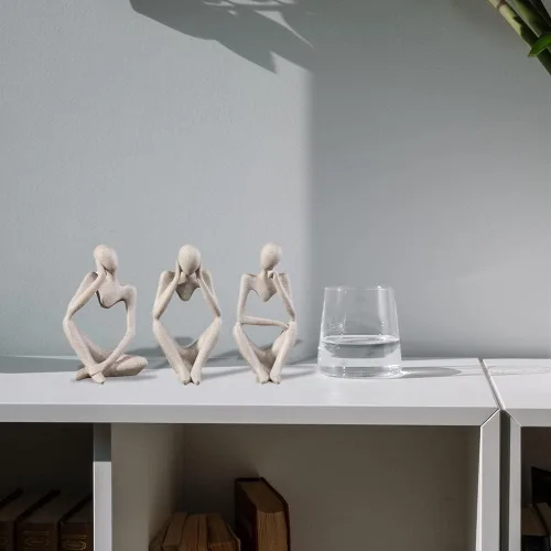 Vista 3 de Juego de 3 estatuas de pensador de piedra arenisca, escultura moderna de arte abstracto, pequeñas figuras coleccionables para estantería, oficina
