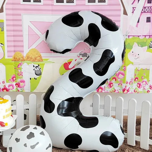 Vista 2 de Suministros de decoración de cumpleaños de globos con estampado de vaca, globo número 0 de 40 pulgadas, decoraciones de fiesta de cumpleaños