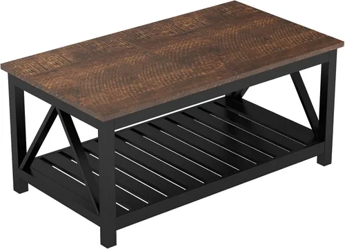 Vista 8 de Mesa de café ChooChoo negra, mesa rústica vintage con estante para sala de estar, 40 pulgadas