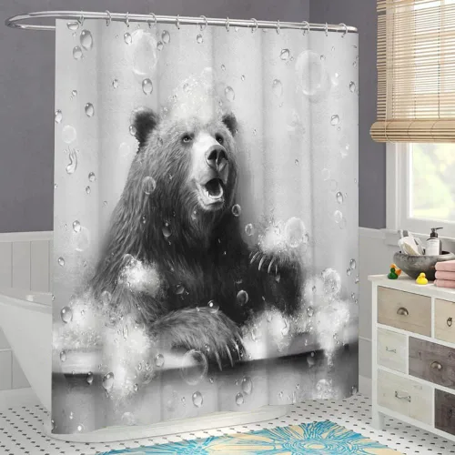 Vista 5 de KREATIVE ARTS Cortina de ducha con diseño de osos divertidos animales, decoración de bañera, casa de campo en blanco y negro, 72 pulgadas de ancho