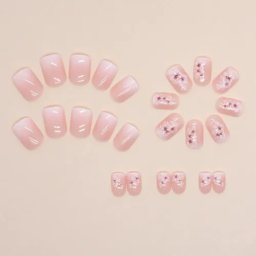 Vista 4 de Uñas postizas cortas cuadradas MABKJLF, uñas francesas falsas con gradiente, uñas de cobertura completa, flores blancas, uñas falsas con diseños