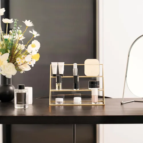 Vista 2 de FSyueyun Estuche organizador de maquillaje dorado, 3 capas de almacenamiento de maquillaje de vidrio, organizador de cosméticos, soporte de anillo