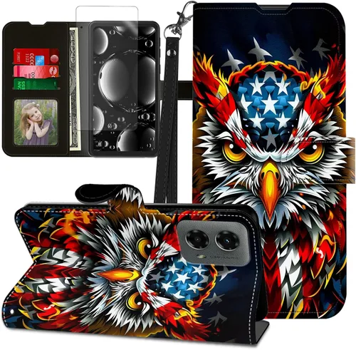 Vista 286 de Funda para Motorola Edge 2022 con protector de pantalla, soporte y tarjetero y correa para la muñeca, funda magnética para Moto Edge 2022 5G UW Lobo