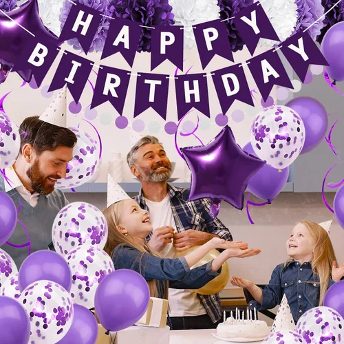 Vista 7 de Decoraciones de fiesta moradas con pancarta, suministros de compromiso, aniversario y cumpleaños para mujeres y niñas Morado