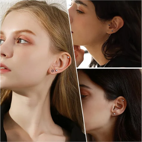 Vista 5 de TEN MIRO Juego de 18 pares de aretes pequeños para cartílago para mujeres y hombres, acero inoxidable 316L, 20G, cartílago, hélix, luna, estrella