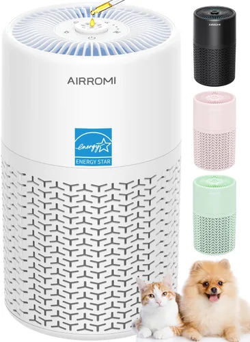 Vista 10 de AIRROMI Purificador de aire para mascotas para alergias en el hogar, hasta 660 pies ². Filtro de carbón activado desodorizante HEPA, con esponja