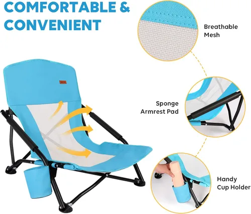 Vista 5 de TOBTOS Silla de playa baja para adultos, paquete de 2, plegable de perfil bajo con portavasos y bolsa de transporte, silla resistente para arena al