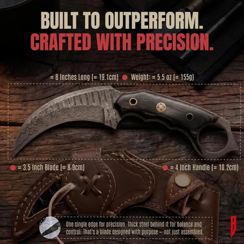 Vista 4 de BIGCAT ROAR Desert Fox - Cuchillo karambit de acero de Damasco hecho a mano de 7.5 pulgadas - Hoja fija curvada de espiga completa - Mango de madera