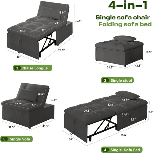 Vista 2 de Silla Cama Convertible 4 en 1 con Respaldo Ajustable, Almohadas, Sofá Cama Futón con Bolsillo Lateral, Silla Sofá Cama Desplegable, Sofás