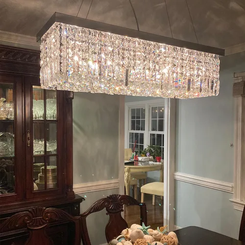 Vista 4 de Candelabro moderno de vidrio de gotas para iluminación de techo de Ella Fashion®, hermosa lámpara de techo con brazos, Rectangle Chandeliers 11