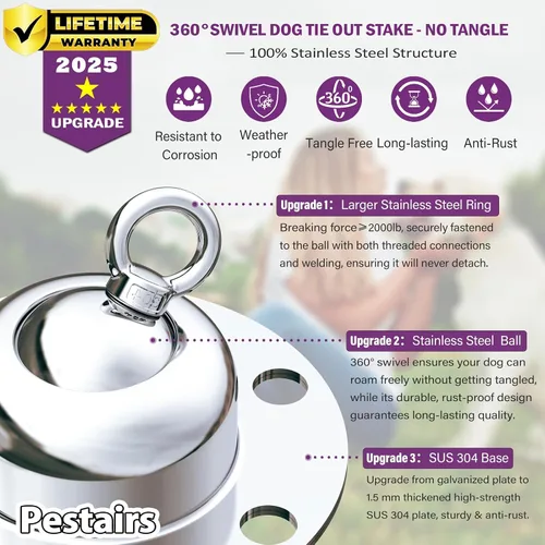 Vista 2 de Cable de amarre giratorio de 360° y estaca para perros, anclaje de acero inoxidable para perros pequeños a grandes, cable reflectante sin enredos