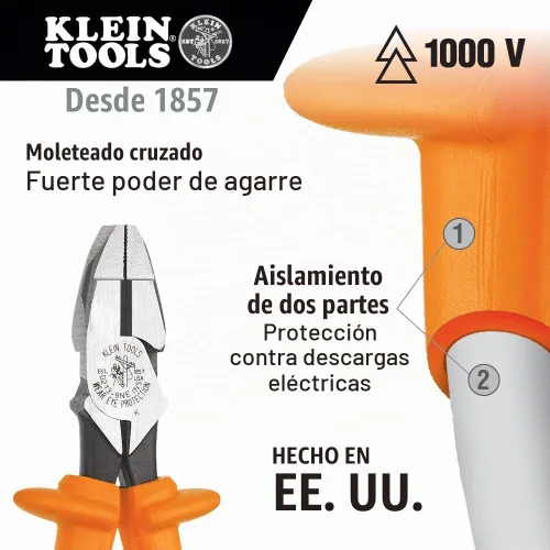 Vista 2 de Klein Tools D20009NEINS Alicates de liniero aislados, fabricados en EE. UU., con aislamiento de doble capa que supera las pruebas y resistencia a
