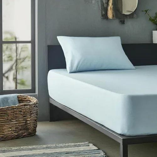Vista 3 de DaDa Bedding - Lujoso juego de sábanas bajeras de algodón suave, color azul pastel sereno con fundas de almohada a juego, diseño de bolsillo