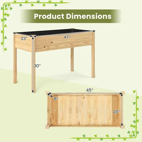 Vista 3 de Giantex Cama de jardín elevada, maceta elevada de madera con forro, cama elevada independiente de 47 x 23 x 30 pulgadas para plantas