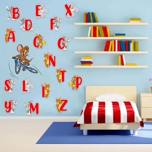 Vista 5 de Tom & Jery - Adhesivo decorativo para pared del alfabeto (A–Z), divertido alfabeto de dibujos animados para espacios de aprendizaje, calcomanías