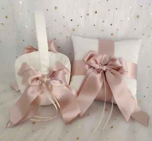 Vista 3 de Cesta blanca para niña de las flores con lazo de doble cinta rosa para ceremonia de boda, renovación de votos, baby shower, recuerdo de fiesta
