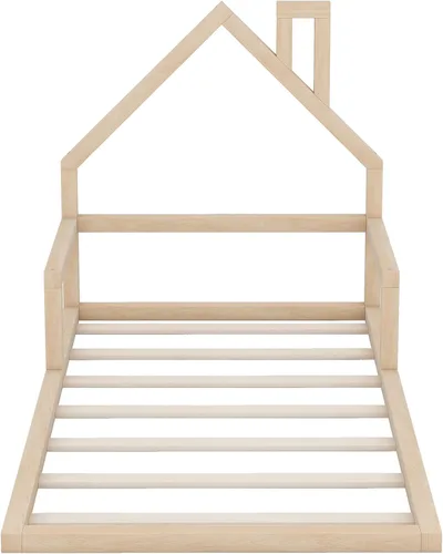 Vista 5 de Quarte Cama de suelo de madera de tamaño individual con cabecera en forma de casa, marco de cama de plataforma de madera para dormitorio,