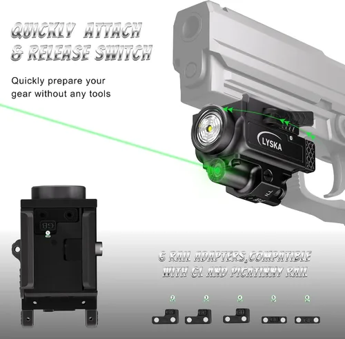 Vista 5 de Combo de luz y haz verde de pistola de 800 lúmenes para riel Picatinny, linterna LED compacta recargable con función estroboscópica