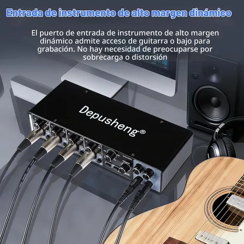 Vista 6 de Depusheng Interfaz de audio USB con controladores ASIO, 24 bits 192 Khz, alimentación fantasma +48 V, baja latencia para grabación de estudio