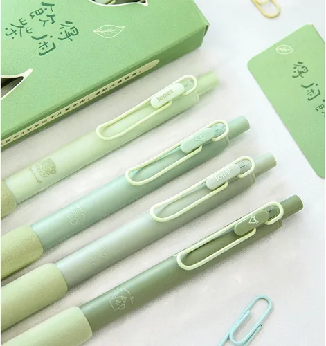 Vista 5 de Kawaii - Juego de 4 bolígrafos de gel para presión neutra, bolígrafo de alta belleza para niña, bolígrafo de corazón para oficina, escuela (té verde)