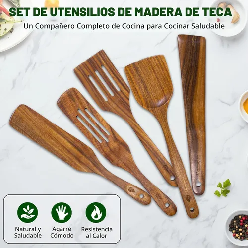 Vista 6 de 5 piezas de espátulas de madera para cocinar, juego de utensilios de madera de teca natural, utensilio de cocina de madera no tóxico, cucharas
