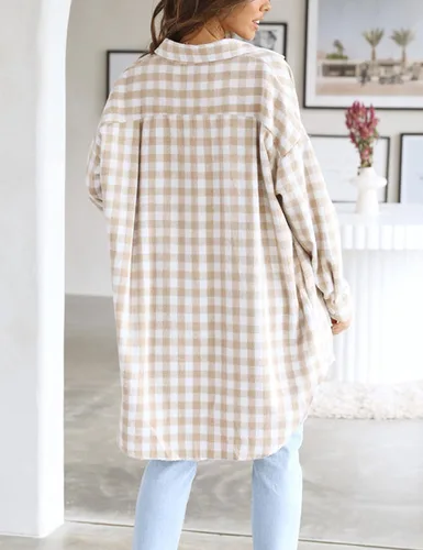 Vista 5 de Zontroldy Chaqueta corta de pana a cuadros para mujer, con botones, de manga larga, con botones, Marrón