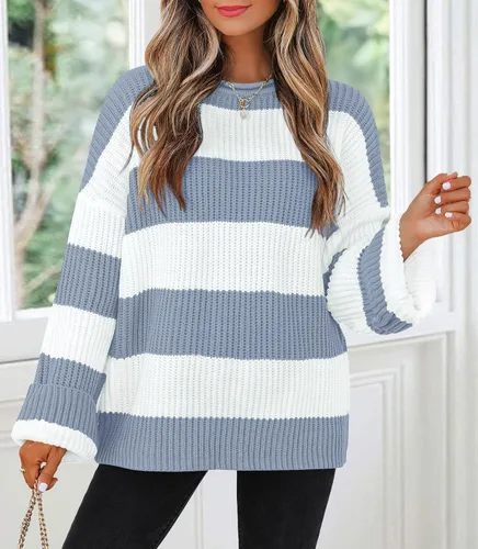 Vista 41 de ZESICA Suéter tejido sin botones de manga larga y cuello redondo, a rayas, bloques de color, cómodo, holgado, talla extragrande para mujer de 2024