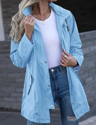 Vista 2 de Kikibell - Chaqueta impermeable para mujer con capucha ligera forro a rayas resistente al agua y cortaviento