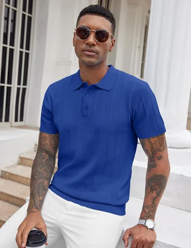 Vista 52 de COOFANDY Camisas polo de punto para hombre de manga corta con textura acanalada Camisas de golf casuales y ligeras con cuello Camiseta de polo