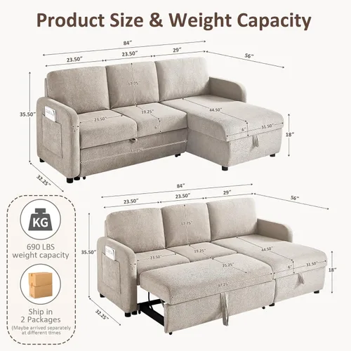 Vista 3 de Sofá cama de 84 pulgadas con cama extraíble, diván de almacenamiento, camello de rizo