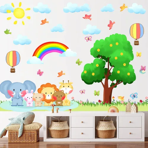Vista 3 de KOKOLAP Calcomanías de pared de animales de árbol, calcomanías de pared de animales del bosque, decoración de habitación de bebé, decoración