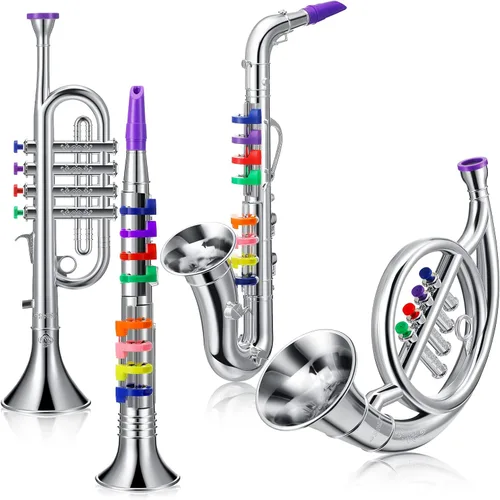 Vista 8 de Treela Juego de 4 instrumentos musicales para niños, clarinete de juguete saxofón, trompeta y trompeta para principiantes con más de 10 teclas