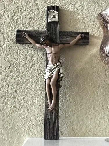 Vista 3 de Polly House INRI Jesús clavado en la cruz de 14 pulgadas de piedra de resina crucifijo, ideal para colección, decoración del hogar o regalos