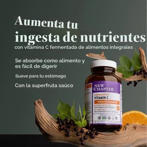 Vista 3 de New Chapter Vitamina C + saúco con vitamina C fermentada, hierbas integrales + protección de colágeno, 60 unidades (paquete de 1)
