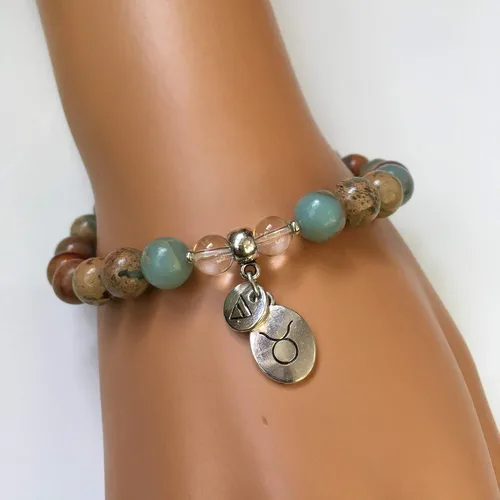 Vista 4 de Pulsera del zodiaco Tauro para mujer con signo lunar y elementos de la tierra para la paz
