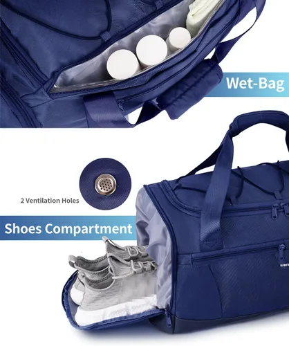Vista 5 de Sportsnew Bolsa de gimnasio para mujeres y hombres con compartimento para zapatos, bolsillo húmedo, bolsa de lona para hombre para viajes