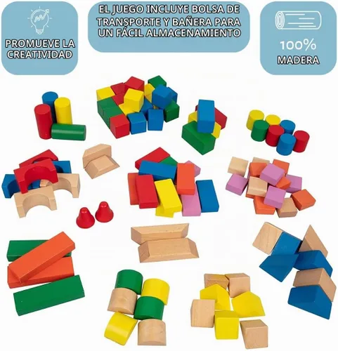 Vista 3 de Right Track Toys Bloques de madera – Juego de bloques de construcción de madera de 100 piezas con bolsa de transporte (color arco iris) – 100%