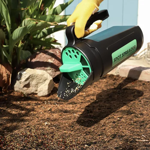 Vista 3 de Esparcidor de mano para semillas, sal, descongelante, sal para derretir hielo, alimento para plantas y fertilizante - Múltiples tamaños de apertura