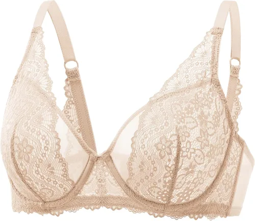 Vista 2 de DOBREVA Bralette de encaje transparente para mujer, brasier reductor sexy, talla grande, con aros transparentes