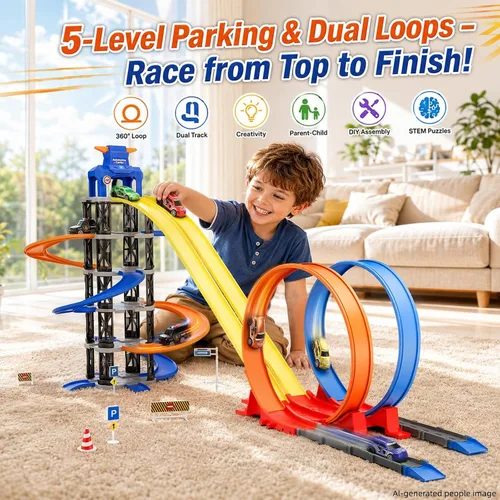 Vista 2 de City Garage Loop Track Playset, juego de estacionamiento de torre de 5