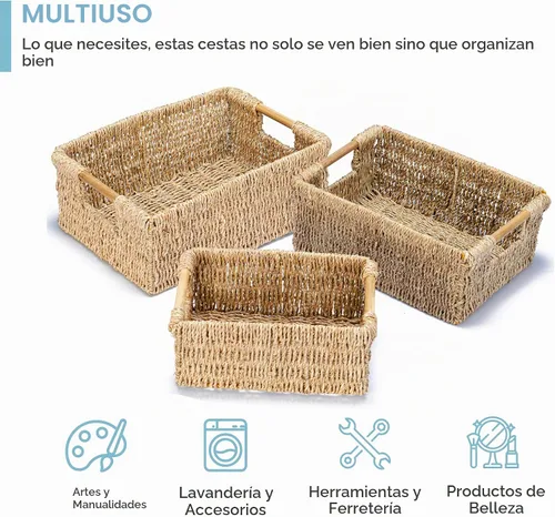 Vista 3 de VATIMA Cestas de hierba marina con asas de madera, juego de 3 cestas decorativas de mimbre natural para cocina junco marino